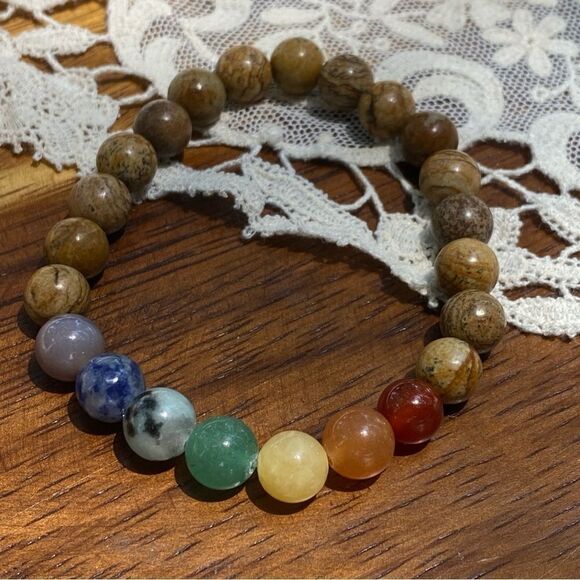 Handmade crystal bracelet // picture Jasper & chakra // 7” average wrist size - Picture 1 of 2
